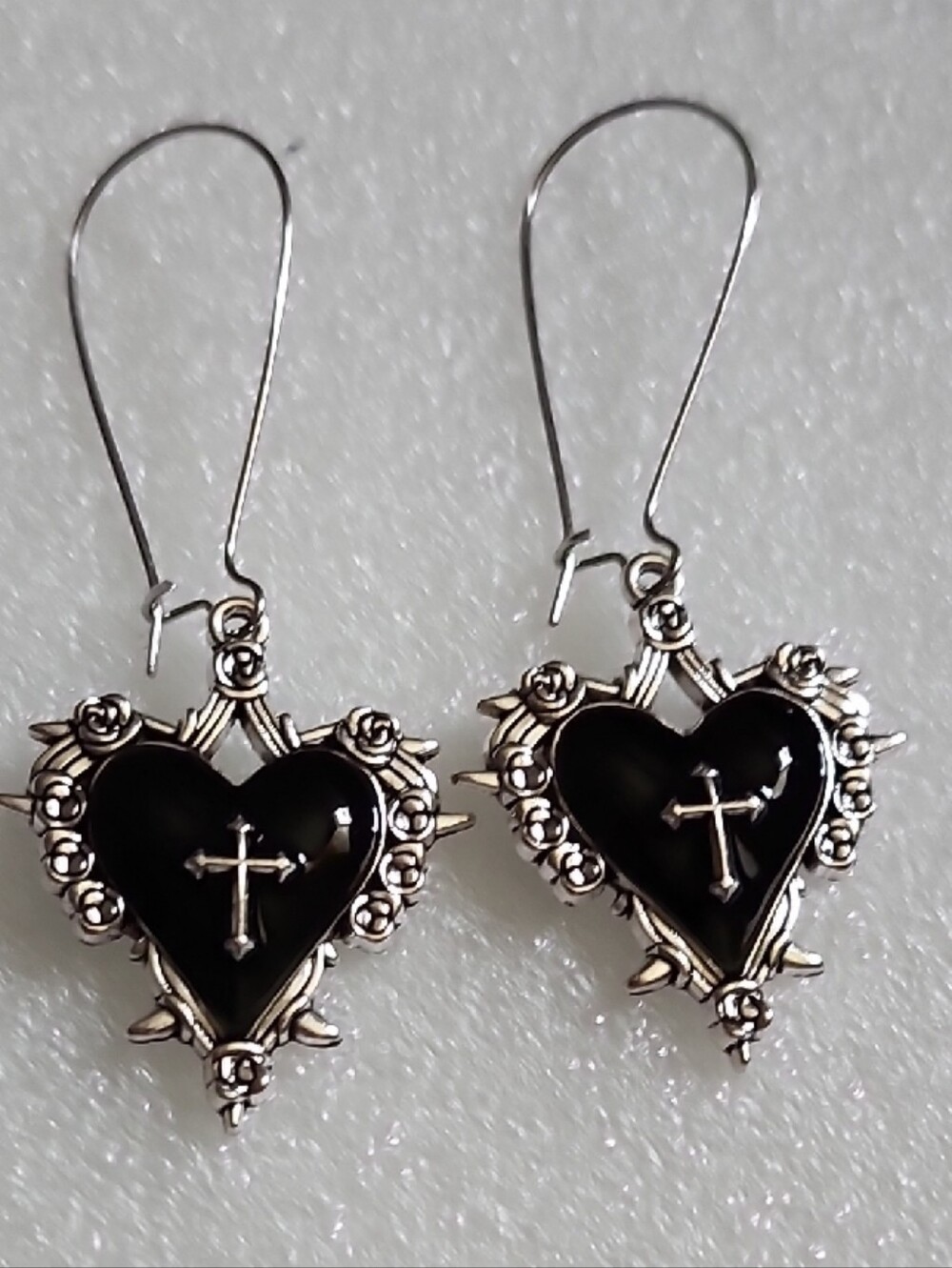 Hand Crafted Silver-Tone Black Heart Cross Drop Earrings